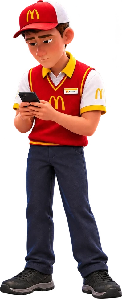 Normunk in his work uniform, staring at his phone